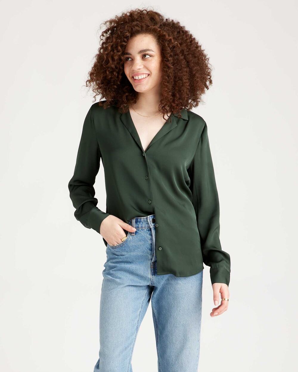 Quince Washable Stretch Silk Notch Collar Blouse Long Sleeve Forest Green Size M